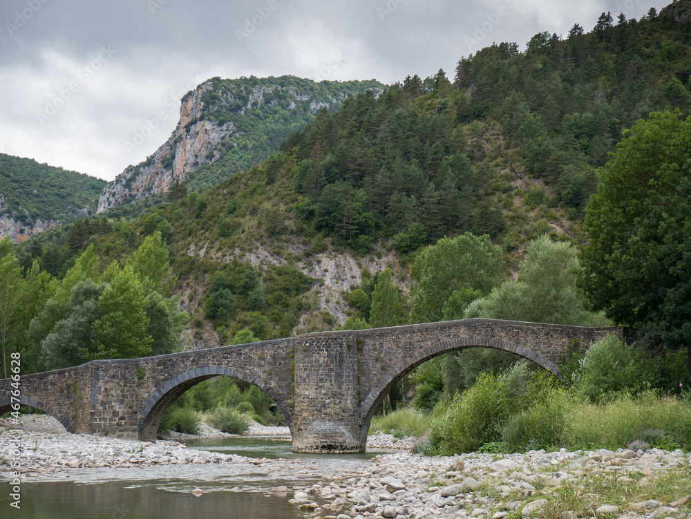 Medieval bridge over the river Esca in Burgui/Burgi, Navarre, Spain