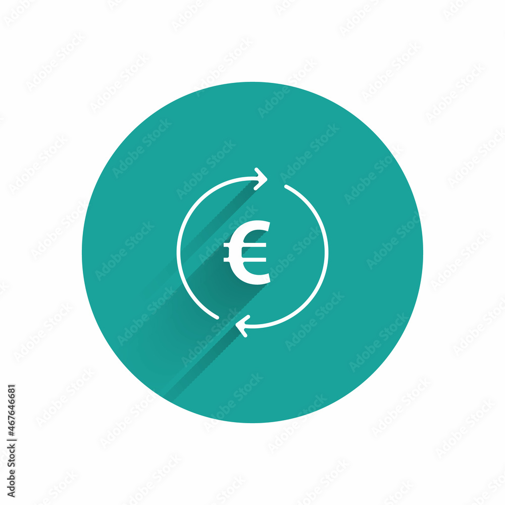White Coin money with euro symbol icon isolated with long shadow. Banking currency sign. Cash symbol. Green circle button. Vector White Coin money with euro symbol icon isolated with long shadow. Banking currency sign. Cash symbol. Green circle button. Vector