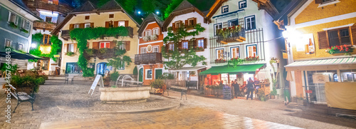 Hallstatt, Austria. City central square with colorful homes at summer night. © jovannig