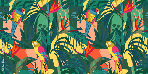 Abstract art seamless pattern with parrots and tropical plants. Modern exotic design