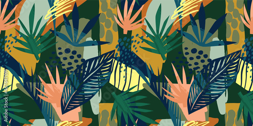 Abstract art seamless pattern with tropical leaves.