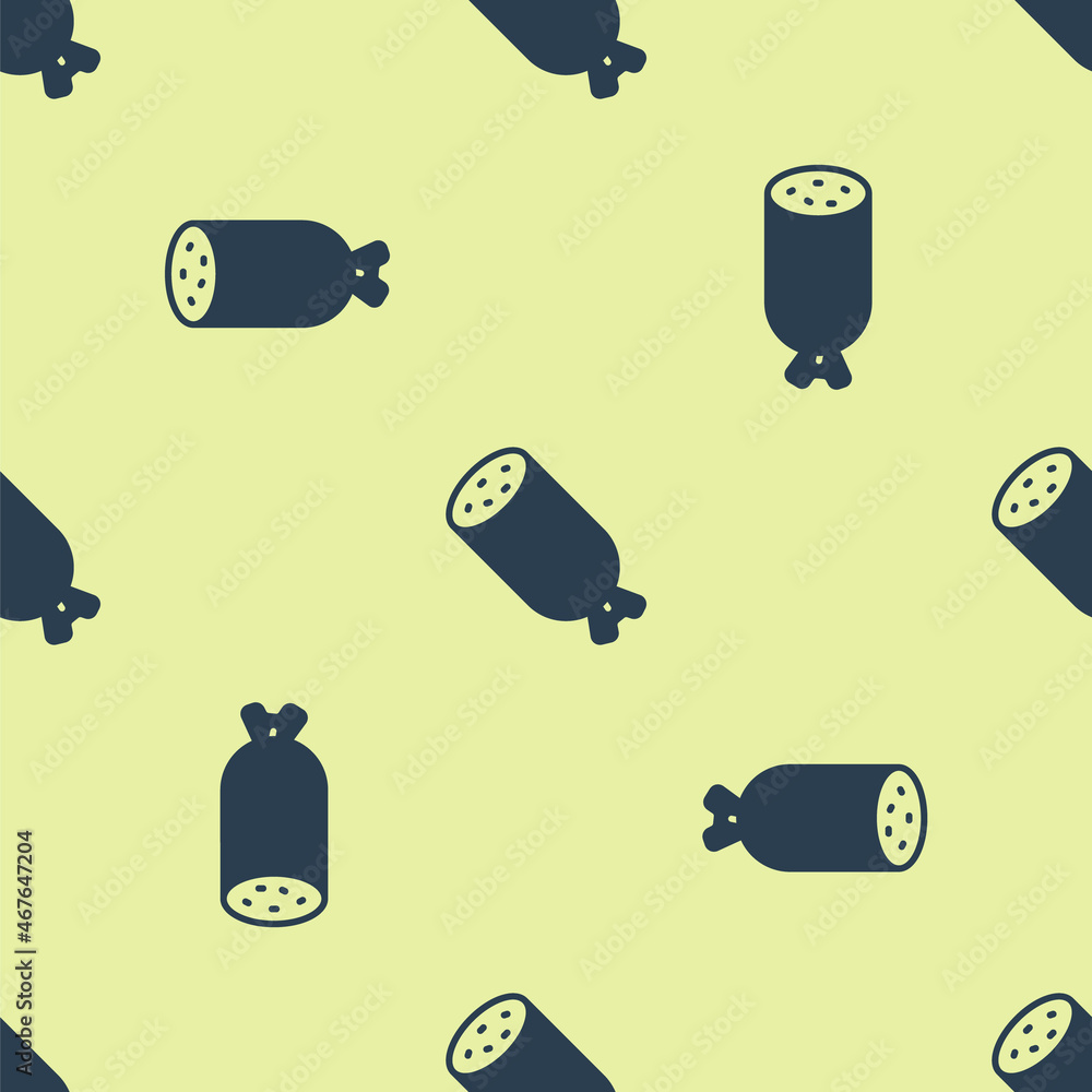 Blue Salami sausage icon isolated seamless pattern on yellow background. Meat delicatessen product. Vector Blue Salami sausage icon isolated seamless pattern on yellow background. Meat delicatessen product. Vector