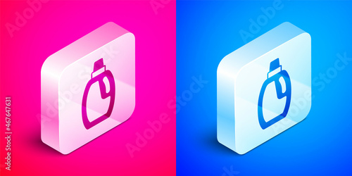 Isometric Plastic bottle for laundry detergent, bleach, dishwashing liquid or another cleaning agent icon isolated on pink and blue background. Silver square button. Vector