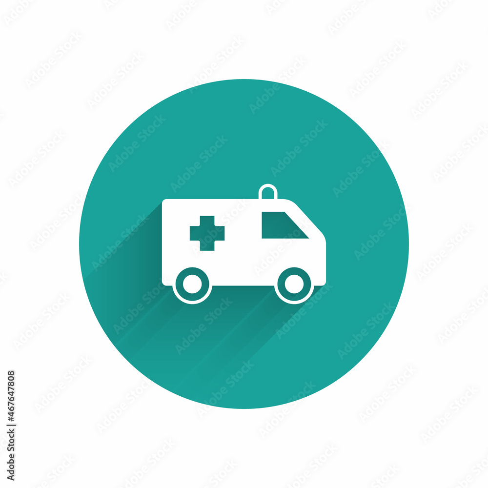 White Ambulance and emergency car icon isolated with long shadow background. Ambulance vehicle medical evacuation. Green circle button. Vector White Ambulance and emergency car icon isolated with long shadow background. Ambulance vehicle medical evacuation. Green circle button. Vector
