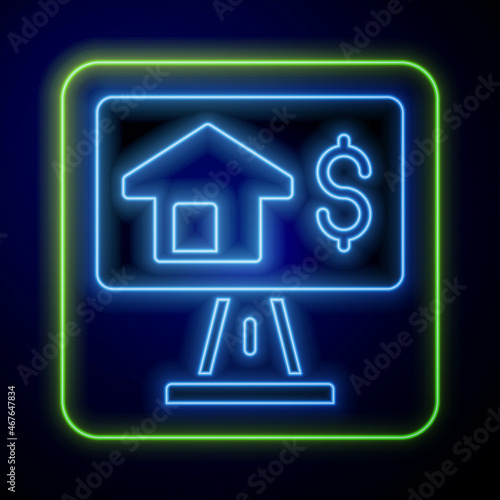 Glowing neon Online real estate house in browser icon isolated on blue background. Home loan concept, rent, buy, buying a property. Vector