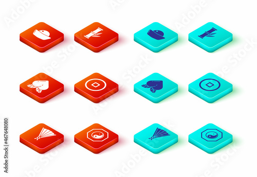Set Paper chinese folding fan, Yin Yang, Peach fruit, Chinese Yuan currency, Bamboo and Sushi icon. Vector