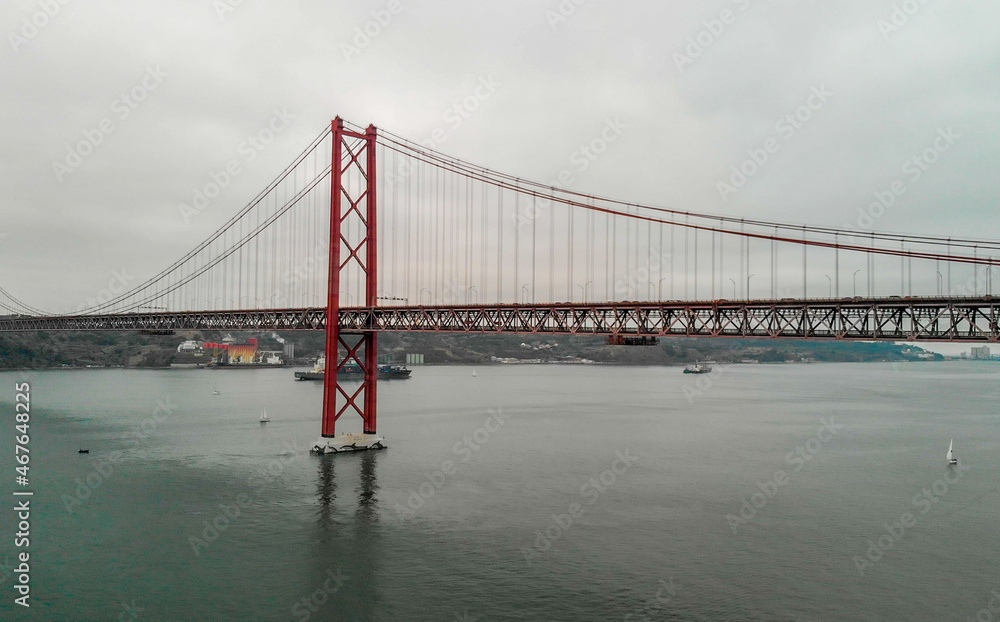 Aerial view of Lisbon 25 April Red Bridge in autumn, Portugal