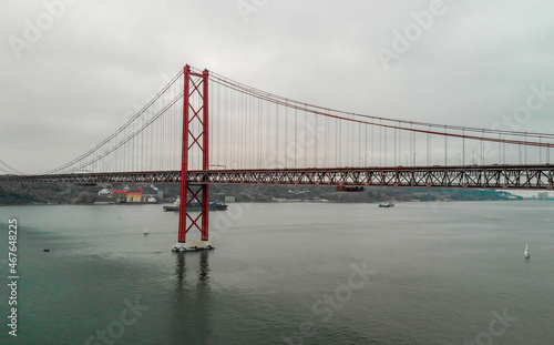 Aerial view of Lisbon 25 April Red Bridge in autumn, Portugal