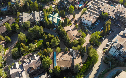 Buildings in Vail, Colorado. Aerial view on a sunny summer morning