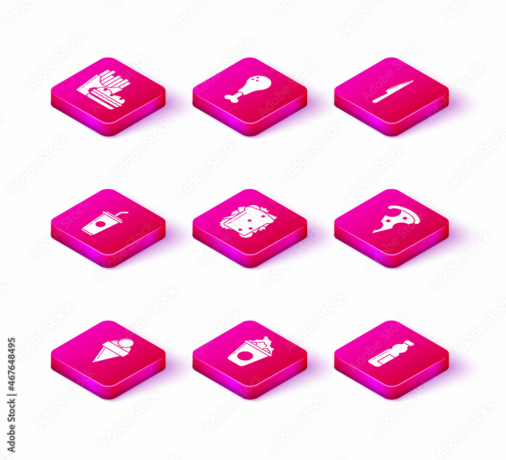 Set Ice cream in waffle cone, Popcorn cardboard box, Paper glass with drinking straw and water, Sandwich, Bottle of, Slice pizza, Knife and Chicken leg icon. Vector Set Ice cream in waffle cone, Popcorn cardboard box, Paper glass with drinking straw and water, Sandwich, Bottle of, Slice pizza, Knife and Chicken leg icon. Vector