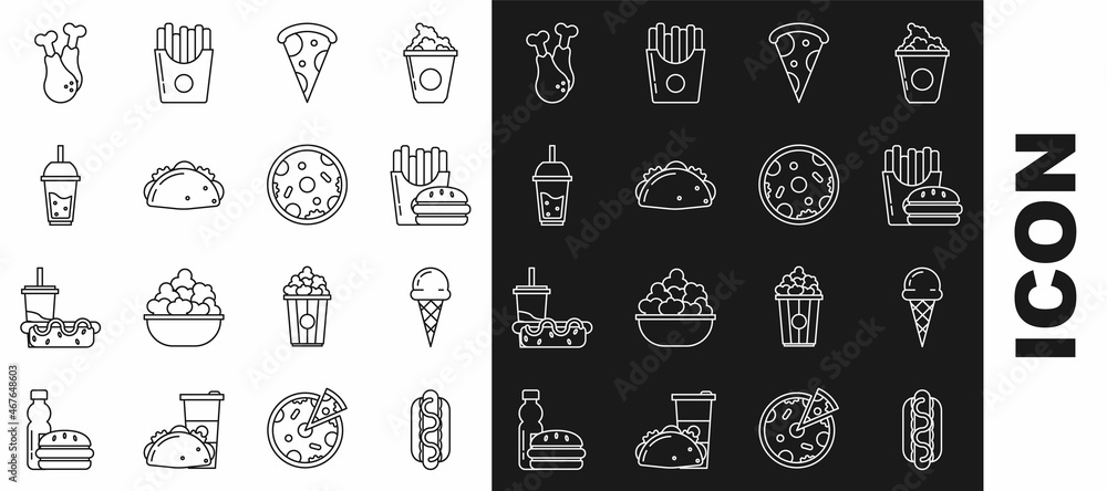 Set line Hotdog sandwich with mustard, Burger french fries carton package box, Slice of pizza, Taco tortilla, Glass lemonade drinking straw, Chicken leg and Pizza icon. Vector Set line Hotdog sandwich with mustard, Burger french fries carton package box, Slice of pizza, Taco tortilla, Glass lemonade drinking straw, Chicken leg and Pizza icon. Vector