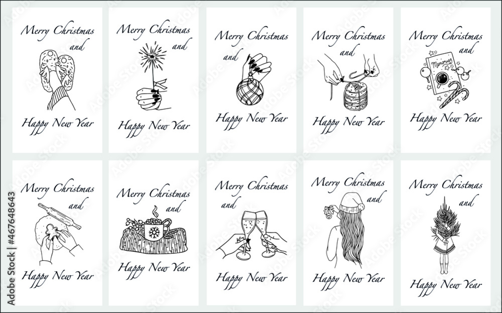 Christmas postcards set of hand drawn vector illustrations collection