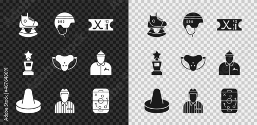 Set Skates, Hockey helmet, sports ticket, Mallet for playing air hockey, judge, referee, arbiter, Planning strategy, Award cup and Protective jockstrap icon. Vector