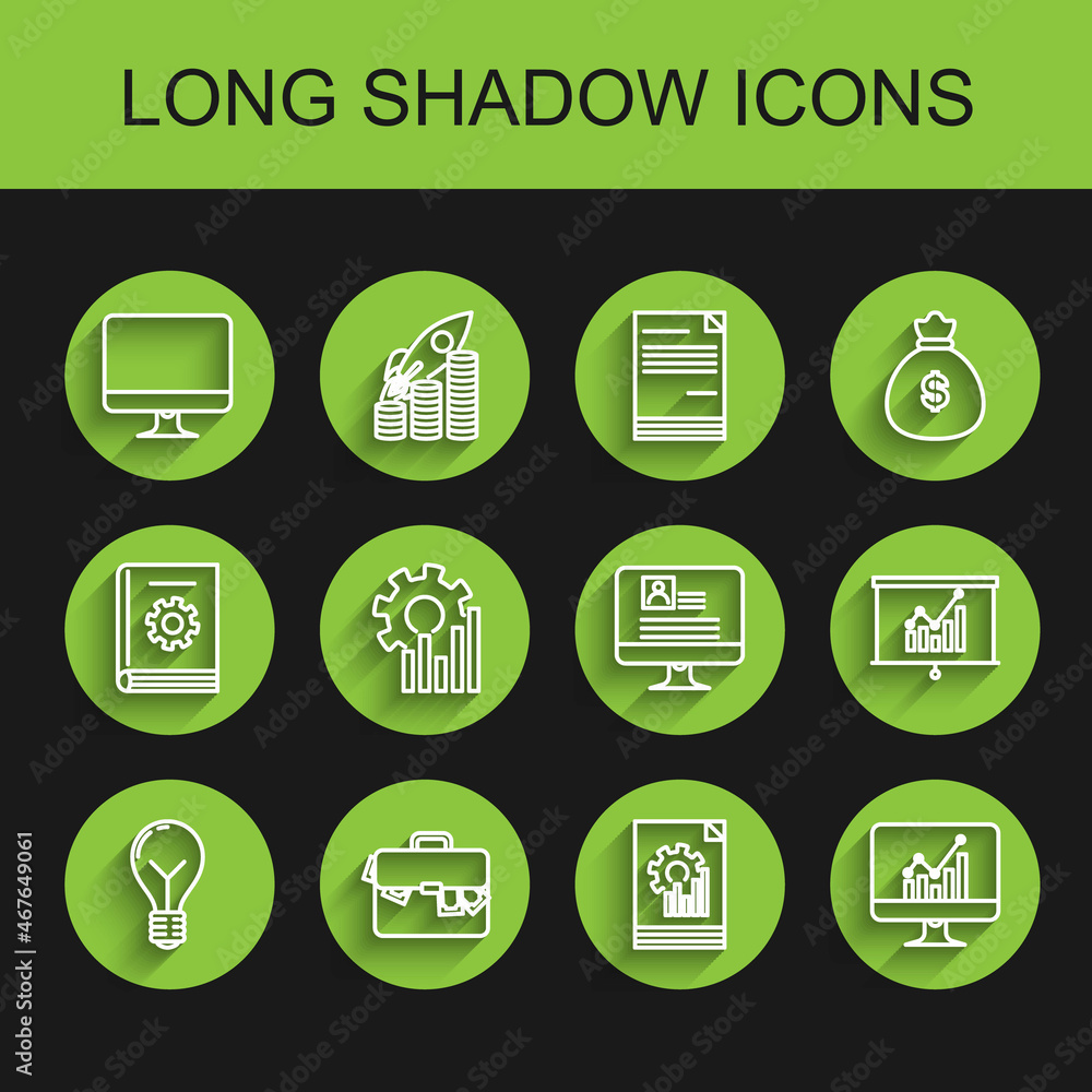 Set line Light bulb with concept of idea, Briefcase and money, Computer monitor screen, Document graph chart, Pie infographic, Board and resume icon. Vector Set line Light bulb with concept of idea, Briefcase and money, Computer monitor screen, Document graph chart, Pie infographic, Board and resume icon. Vector