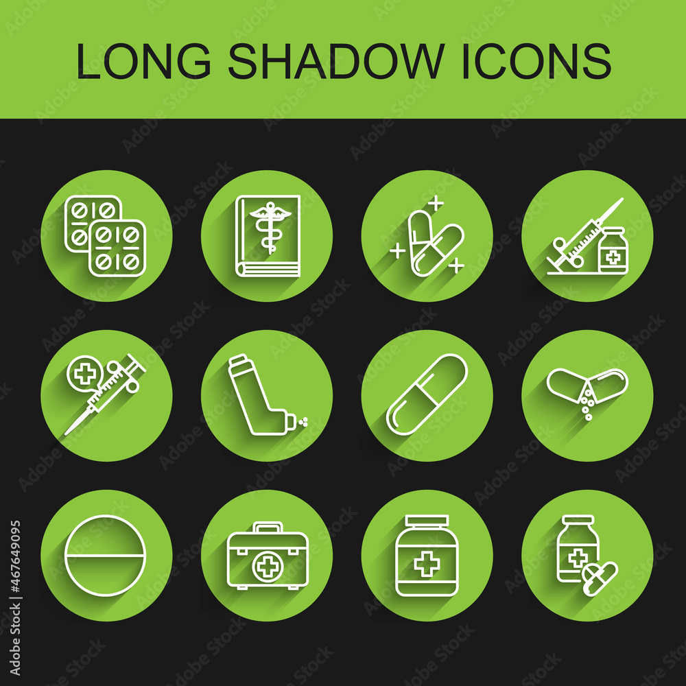 Set line Medicine pill or tablet, First aid kit, Pills blister pack, bottle, and pills, Inhaler, and icon. Vector Set line Medicine pill or tablet, First aid kit, Pills blister pack, bottle, and pills, Inhaler, and icon. Vector