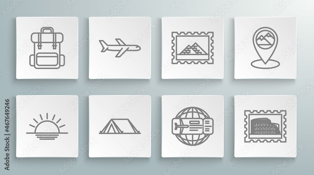 Set line Sunset, Plane, Tourist tent, Airline ticket, Postal stamp and Coliseum, Egypt pyramids, Map pointer with mountain and Hiking backpack icon. Vector Set line Sunset, Plane, Tourist tent, Airline ticket, Postal stamp and Coliseum, Egypt pyramids, Map pointer with mountain and Hiking backpack icon. Vector