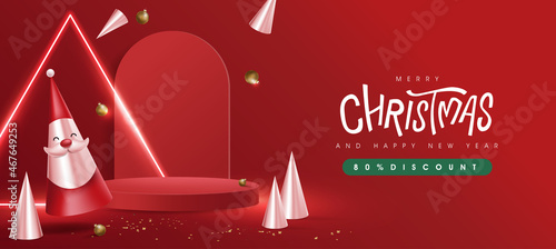 Merry Christmas and happy new year promotion sale banner with santa claus festive decoration and copy space product display cylindrical shape