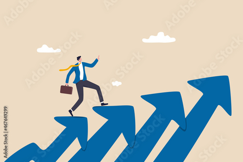 Business growth and career path, climb up ladder of success or staircase to grow up, ambition and leadership to achieve target concept, confidence businessman walk or stepping up growth arrow stair. photo