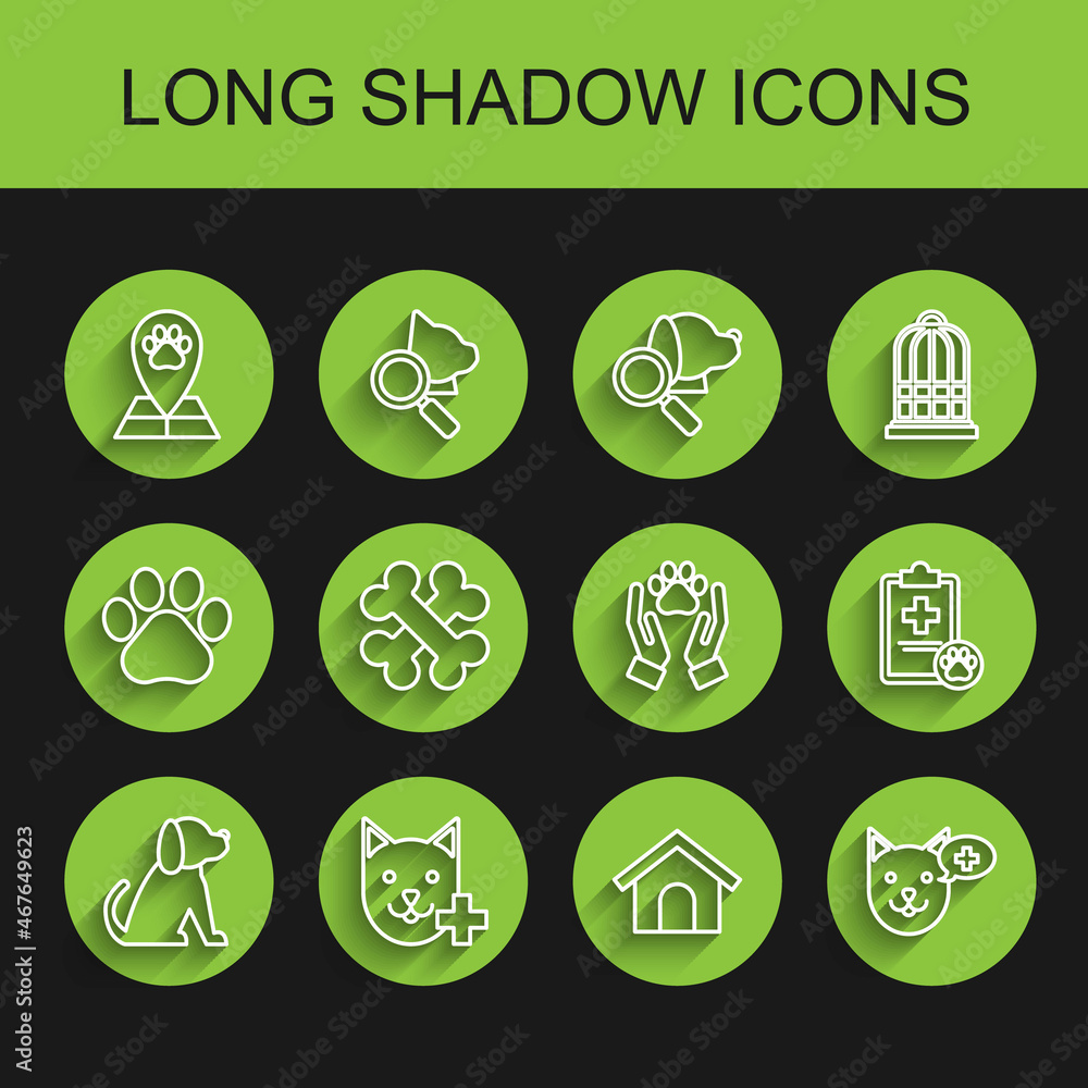 Set line Dog, Veterinary clinic symbol, Map pointer with veterinary medicine hospital, house, Crossed bones, Clipboard medical clinical record pet and Hands animals footprint icon. Vector Set line Dog, Veterinary clinic symbol, Map pointer with veterinary medicine hospital, house, Crossed bones, Clipboard medical clinical record pet and Hands animals footprint icon. Vector