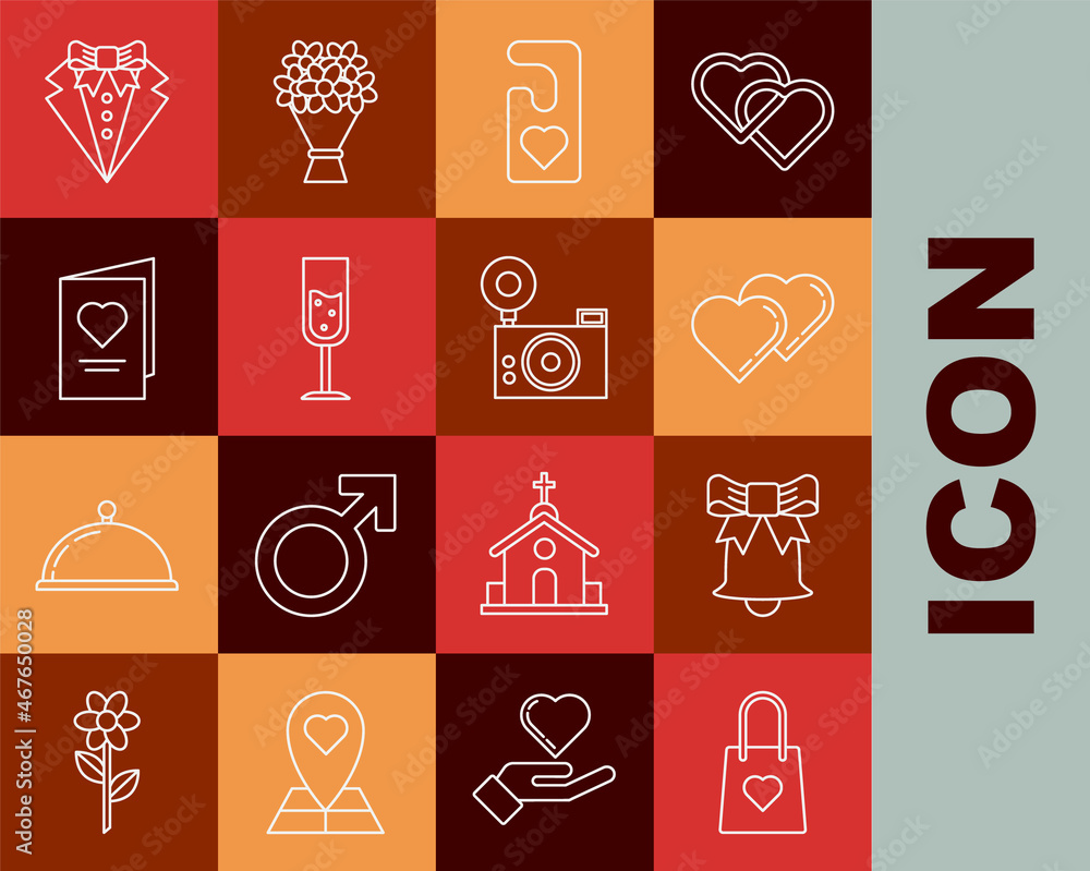 Set line Shopping bag with heart, Ringing bell, Two Linked Hearts, Please do not disturb, Glass of champagne, Valentines day party flyer, Suit and Photo camera icon. Vector Set line Shopping bag with heart, Ringing bell, Two Linked Hearts, Please do not disturb, Glass of champagne, Valentines day party flyer, Suit and Photo camera icon. Vector