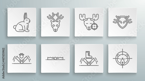 Set line Trap hunting, Deer head with antlers, Hunt on bear crosshairs, moose, shield and Rabbit icon. Vector