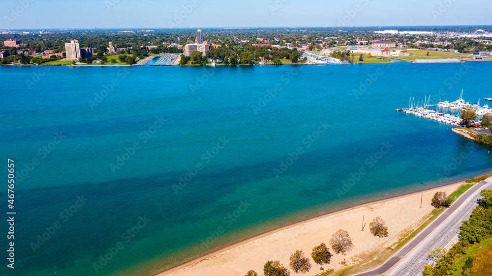 Aerial view of Belle Isle Beach, the river bed and Detroit River.