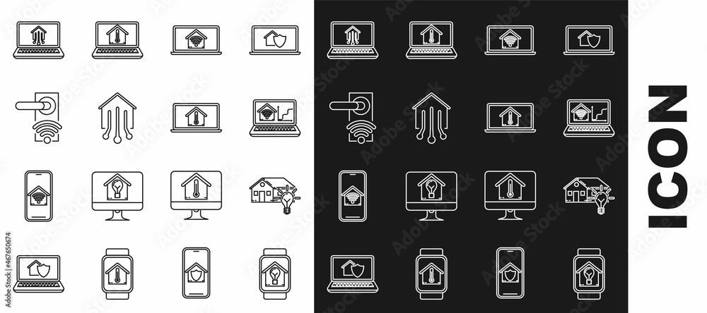 Set line Smart watch with smart house and light bulb, Laptop home wi-fi, Digital door lock wireless technology for unlock, and temperature icon. Vector Set line Smart watch with smart house and light bulb, Laptop home wi-fi, Digital door lock wireless technology for unlock, and temperature icon. Vector