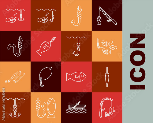 Set line Fishing rod and fish, float, hook under water with, on, worm, and icon. Vector