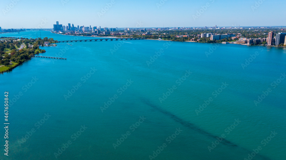 Aerial view of the Detroit Riverfront, Belle Isle Bridge and North Fishing Pier.