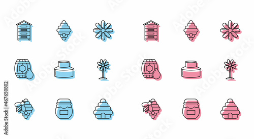 Set line Hive for bees, Jar of honey, Beekeeper with protect hat, Flower, Wooden barrel and icon. Vector