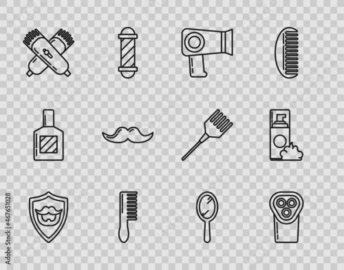 Set line Mustache and beard on shield, Electrical hair clipper or shaver, Hair dryer, Hairbrush, Crossed electrical, Hand mirror and Shaving gel foam icon. Vector