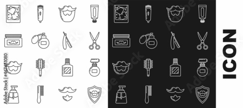 Set line Mustache and beard on shield, Cream or lotion cosmetic tube, Scissors hairdresser, Aftershave, jar, Glass of whiskey ice cubes and Straight razor icon. Vector