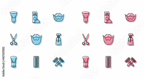 Set line Shaving brush, Hairbrush, Crossed shaving razor, Mustache and beard, Cream lotion cosmetic tube, Scissors hairdresser and gel foam icon. Vector