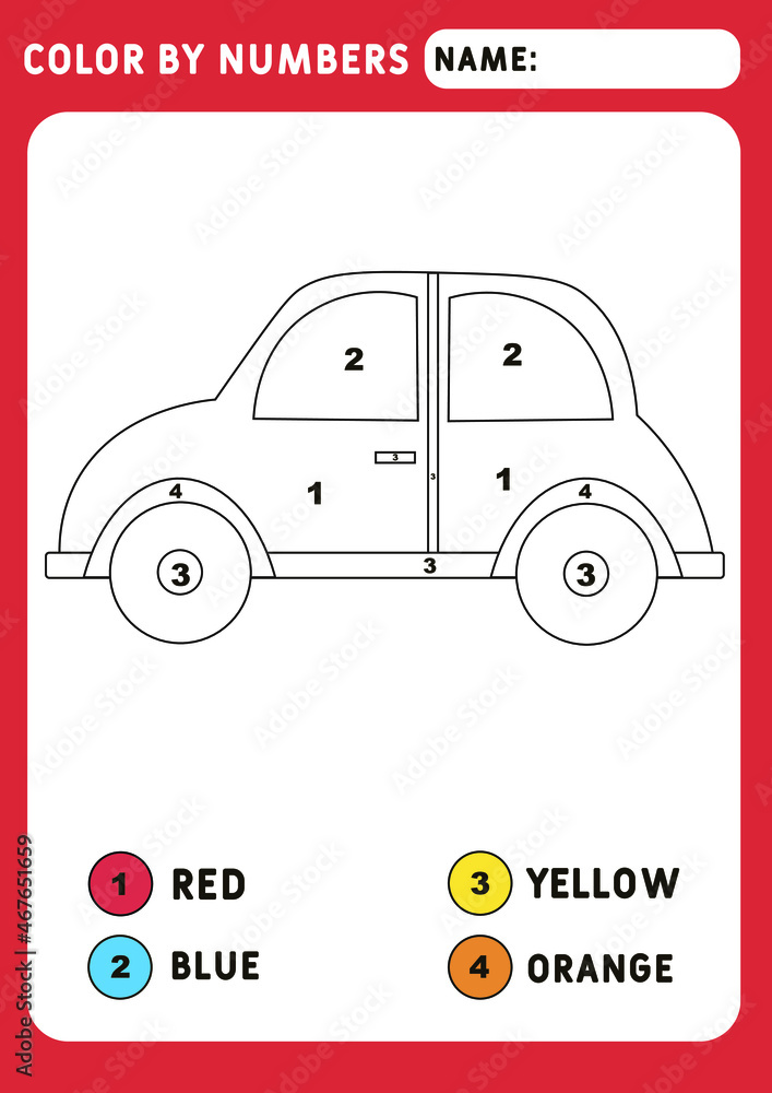 Coloring book with a small car. Color by number, educational kids game ...