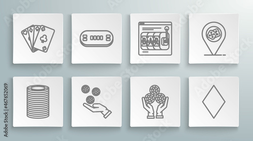 Set line Casino chips, Poker table, Hand holding casino, Playing card with diamonds symbol, Online slot machine, location and cards icon. Vector