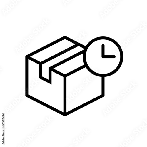 Delivery box with clock line icon. Fast shipping concept. Cardboard box package with timer. Quick transport, cargo, distribution service. Express shipment idea. Vector illustration, outline, clip art.