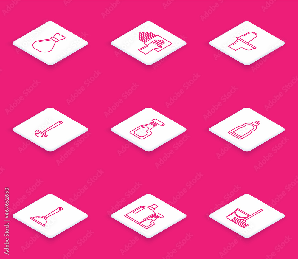 Set line Garbage bag, Cleaning service, Toilet bowl, brush, spray bottle with detergent liquid, Plastic bottles for dishwashing, plunger and icon. Vector