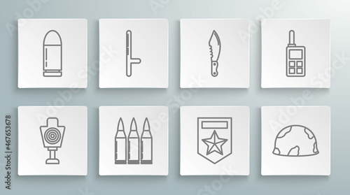 Set line Human target sport for shooting, Police rubber baton, Bullet, Chevron, Military helmet, knife, Walkie talkie and icon. Vector