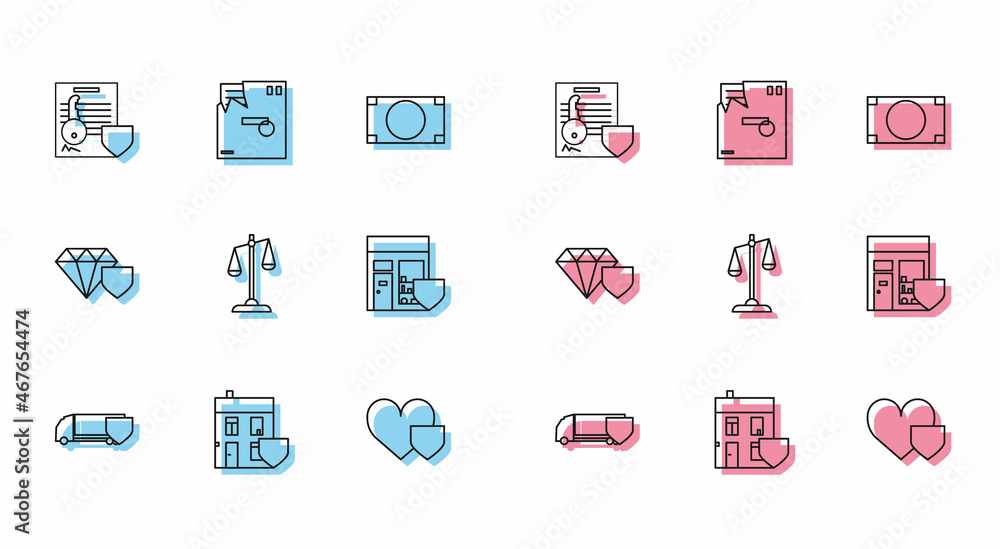 Set line Delivery cargo truck with shield, House, Document key, Heart, Scales of justice, Shopping building, Diamond and Ordered envelope icon. Vector Set line Delivery cargo truck with shield, House, Document key, Heart, Scales of justice, Shopping building, Diamond and Ordered envelope icon. Vector