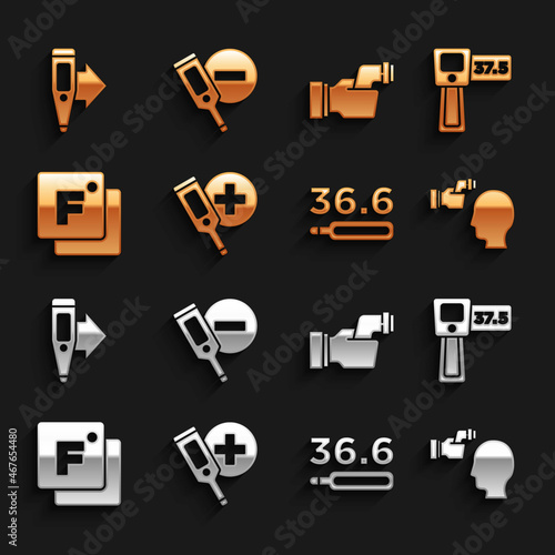 Set Digital thermometer, Checking body temperature, Medical, Fahrenheit, and icon. Vector