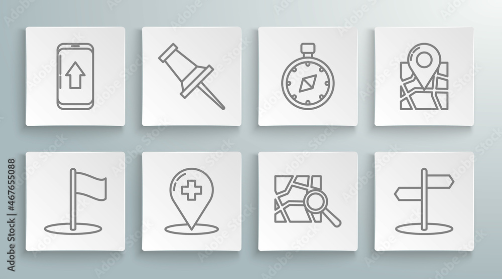 Set line Flag, Push pin, Medical map pointer with cross hospital, Folded location marker, Road traffic sign, Compass, and Infographic of city navigation icon. Vector Set line Flag, Push pin, Medical map pointer with cross hospital, Folded location marker, Road traffic sign, Compass, and Infographic of city navigation icon. Vector