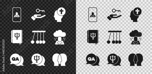 Set Psychologist online, Solution to the problem, Man graves funeral sorrow, Question and Answer, Psychology, Psi, Bipolar disorder, book, and Pendulum icon. Vector