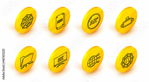 Set line Project team base, Global technology or social network, Monitor display with 5k video, Folder and lock, Virtual reality glasses, Ar, augmented, SSD card and icon. Vector