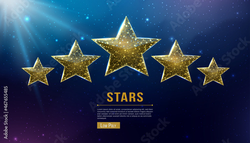 Wireframe five stars, low poly style. Success, winner, rating concept. Abstract modern 3d vector illustration on dark blue background. 