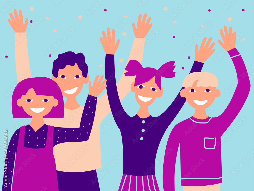 Vector graphics - four teenagers - two boys and two girls wave their hands in greeting and smile happily. Concept - friendly team or back to school Vector graphics - four teenagers - two boys and two girls wave their hands in greeting and smile happily. Concept - friendly team or back to school