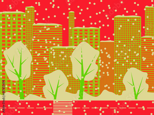 abstract, abstract colors, background, beautiful, blizzard, christmas, city, city street, cityscape, december, design, exterior, facades, frost, frosted, graphic, green, houses, illustration, landscap