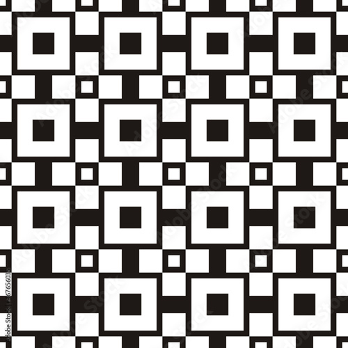 White square shapes harmoniously create a strict decorative minimalistic pattern. Black background and repeating squares in white.