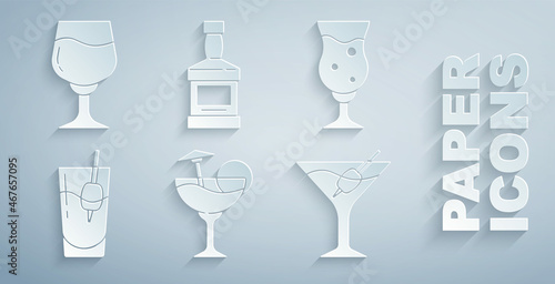 Set Cocktail, Glass of beer, Bloody Mary, Martini glass, Whiskey bottle and Wine icon. Vector