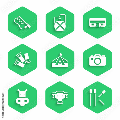 Set Tourist tent, African buffalo head, Matches, Photo camera, Hippo or Hippopotamus, Cartridges, Hunting cartridge belt and Fishing rod icon. Vector