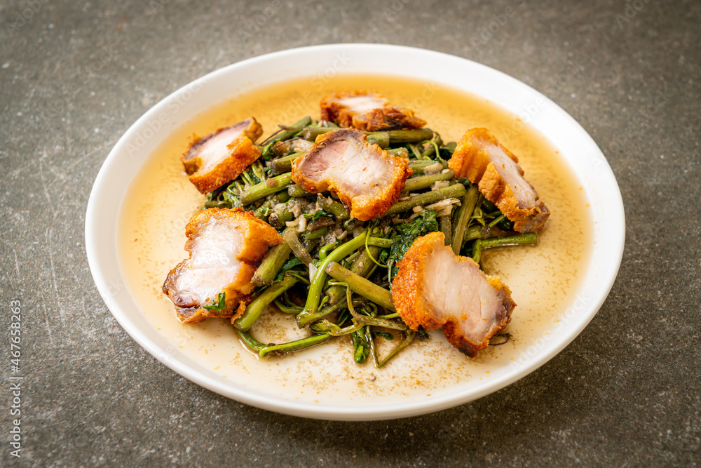 Stir-fried water mimosa with crispy pork belly Stir-fried water mimosa with crispy pork belly